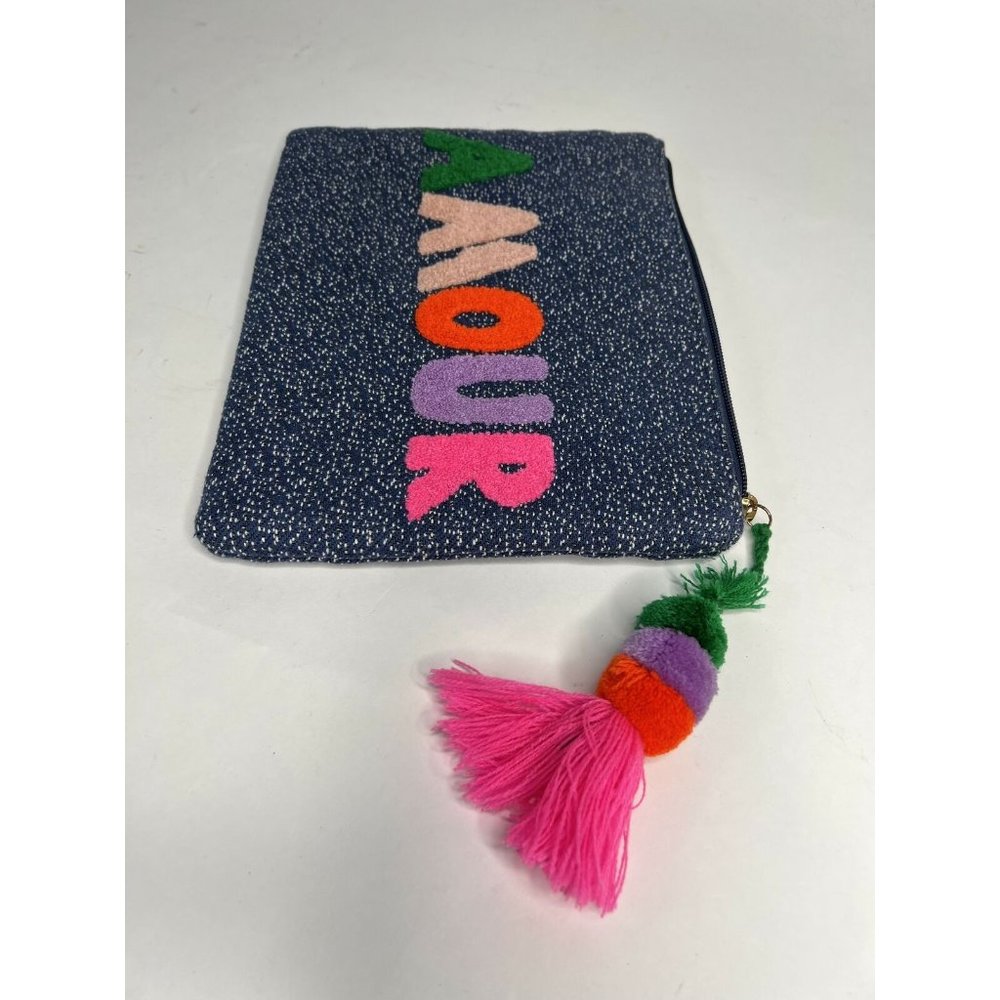 Stella And Dot Womens Zipper Pouch Blue Heathered Pom Pom Tassel S